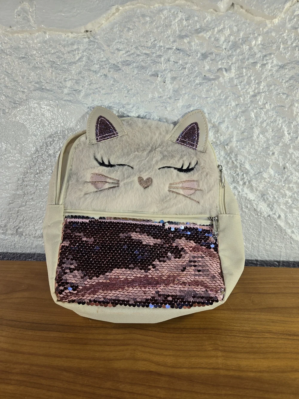 Pink Cat Childsize Backpack Furry Cat Face And Shiny Sequins